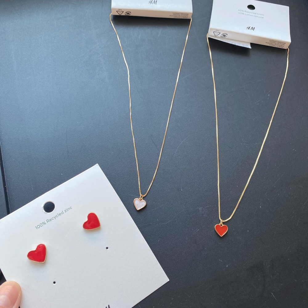 H&M Heart Jewelry Bundle Necklace Earrings Set Gold Red Pink